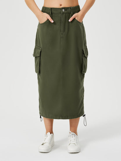 Damen Cargo-Midirock mit hohem Bund, Frontschlitz und mehreren Taschen