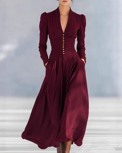 Damen Herbstkleid, Figurbetont, Hochtailliert, Plissiert, Mittellang, Einfarbig