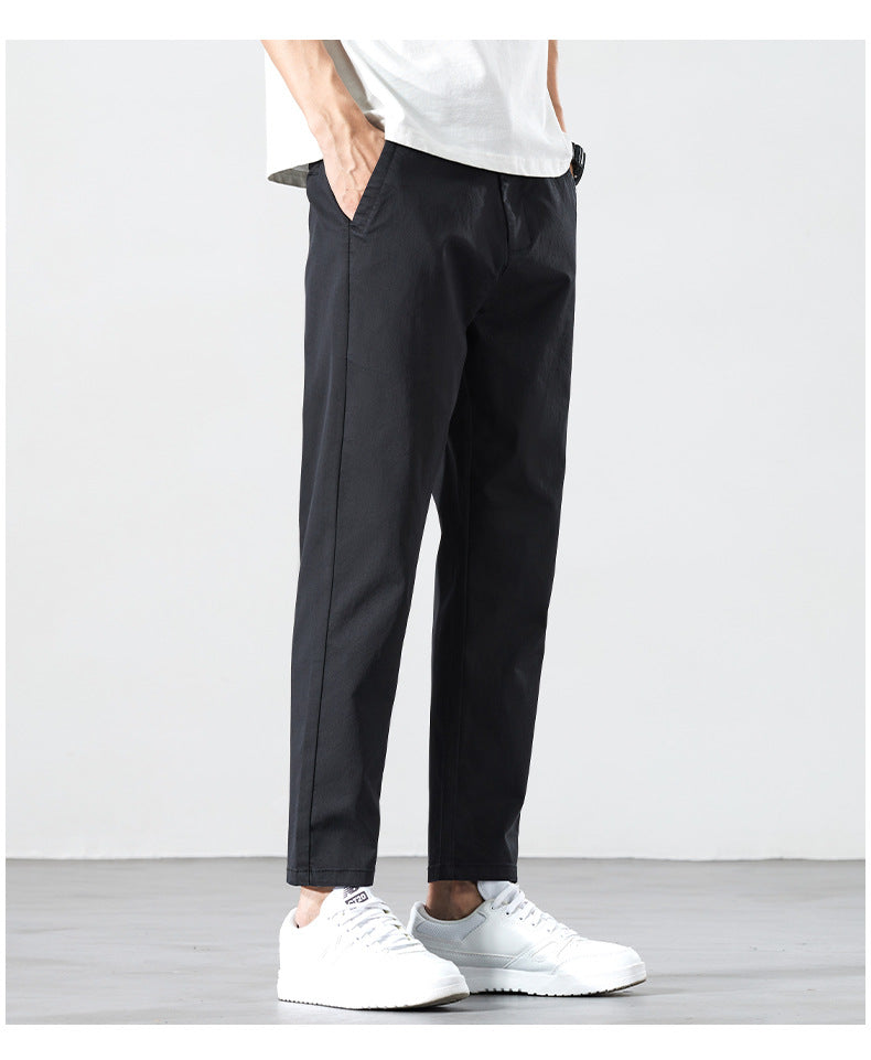 Men's Summer Cropped Straight Leg Mid Waist Micro Elastic Casual Pants Solid Color Lightweight Trousers