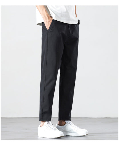 Men's Summer Cropped Straight Leg Mid Waist Micro Elastic Casual Pants Solid Color Lightweight Trousers