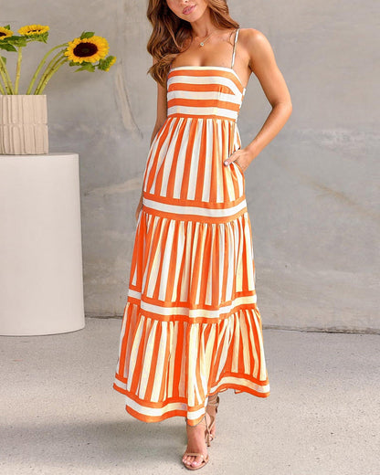 Women's summer maxi dress with stripe pattern, square neckline, backless & pockets – light style