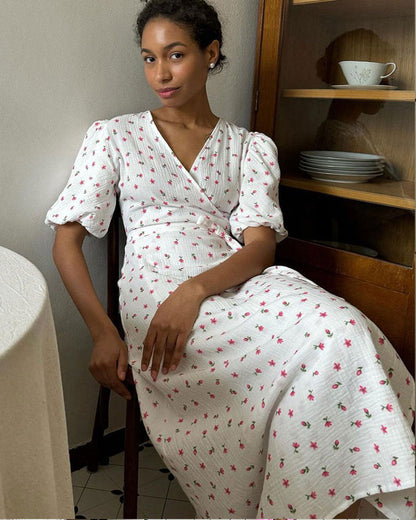 Sommerkleid Für Damen Mit V-Ausschnitt, Floralem Muster, Schnürung, Hoher Taille Und Kurzen Ärmeln