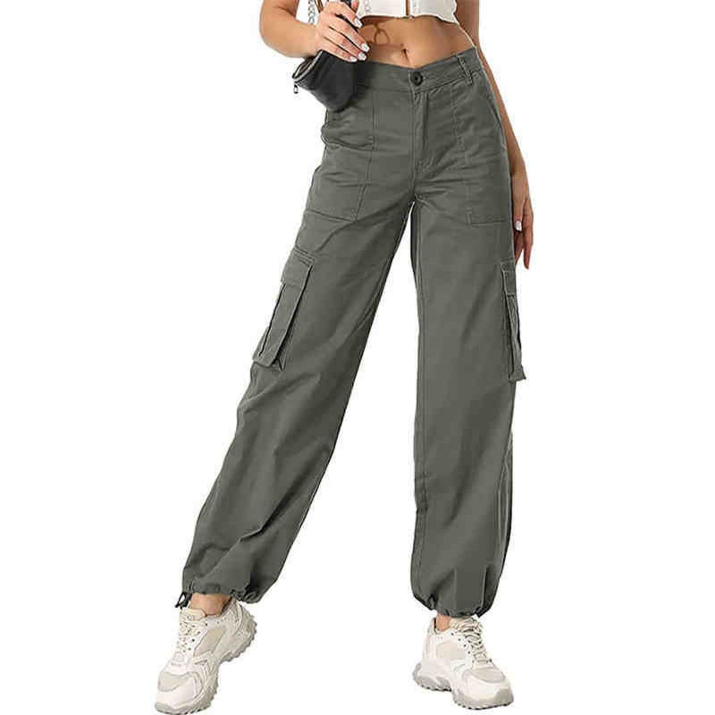 Damen-Hose mit hohem Bund, weitem Bein und Seitentaschen
