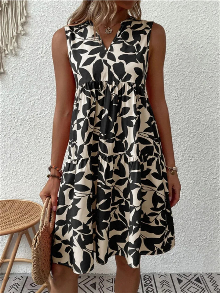 Damen Sommerkleid A Linie Blumenmuster V Ausschnitt Ärmellos