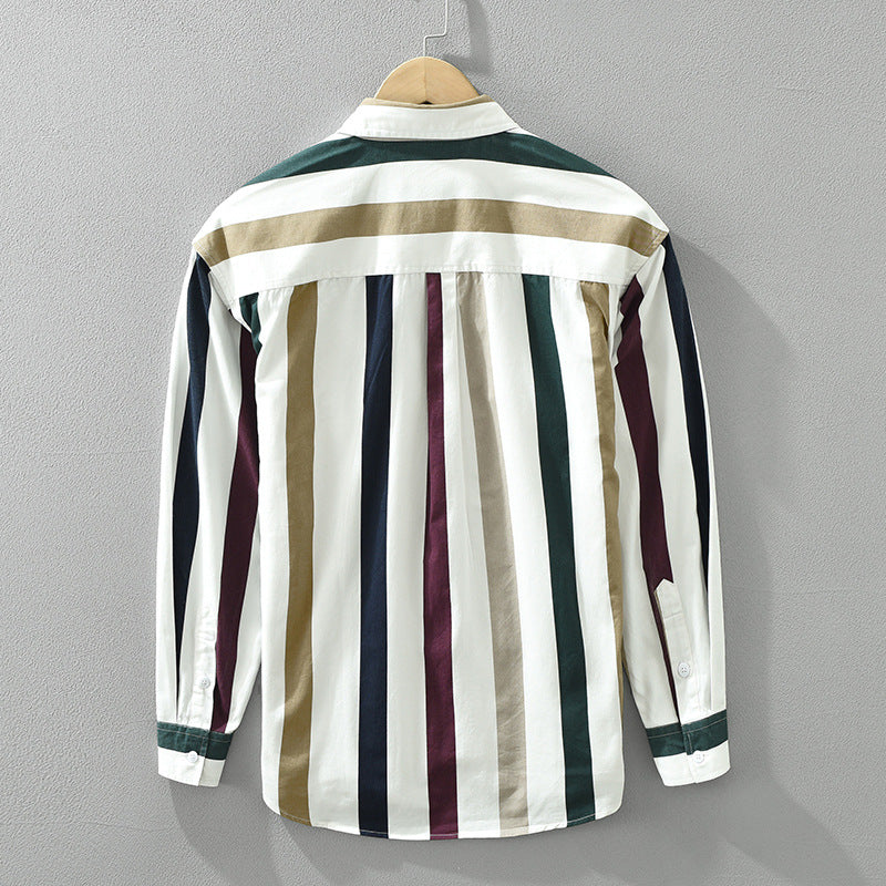 Men's Long-Sleeve Shirt Striped Loose Fit Square Collar