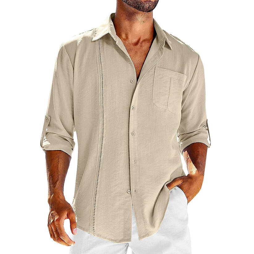 Men's Short-Sleeve Cuban Shirt with Button Placket and Classic Collar