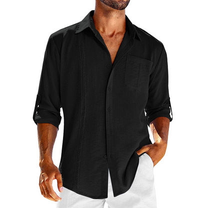 Men's Short-Sleeve Cuban Shirt with Button Placket and Classic Collar