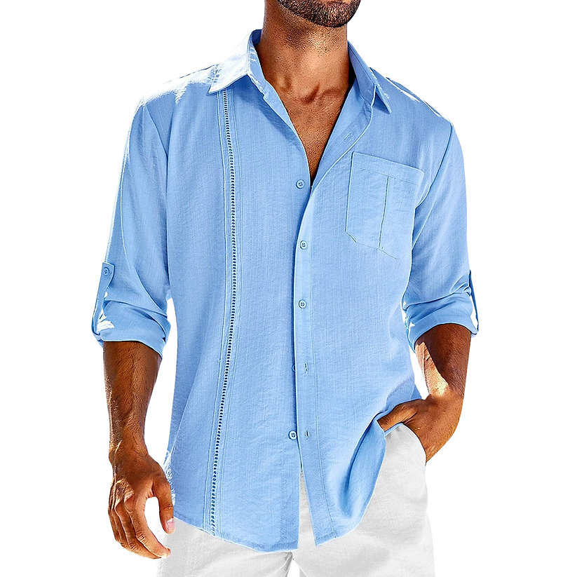 Men's Short-Sleeve Cuban Shirt with Button Placket and Classic Collar