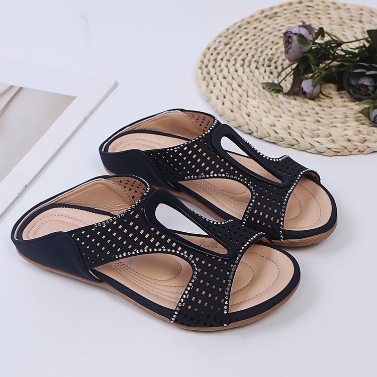 Damen Sommer-Sandalen Mit Fischmaul-Verzierung, Flach, Mit Strasssteinen, Durchbrochen, Zum Hineinschlü