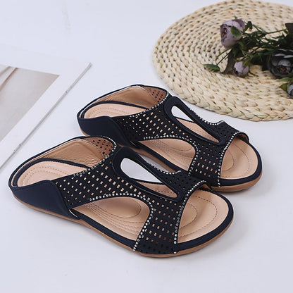 Damen Sommer-Sandalen Mit Fischmaul-Verzierung, Flach, Mit Strasssteinen, Durchbrochen, Zum Hineinschlü