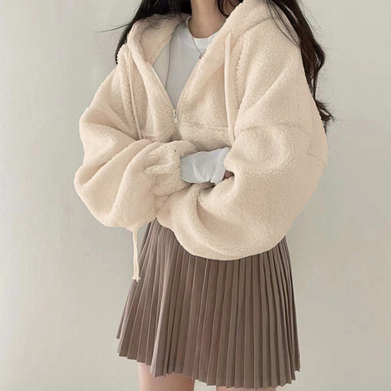Damen Winterjacke aus Lammwoll-Mix mit Stehkragen, kurz und einfarbig