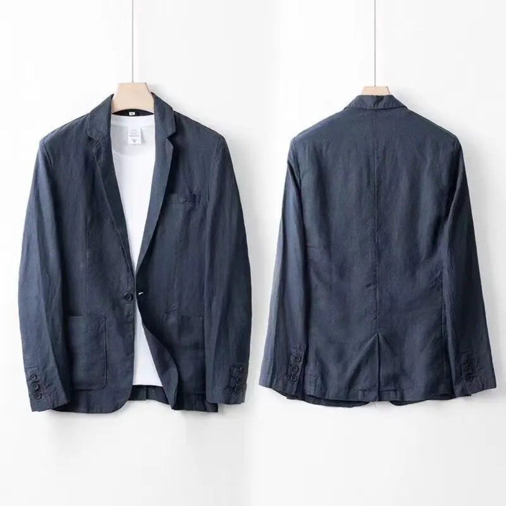 Dunkelblauer Herrenblazer aus Leinen, Vorder- und Rückansicht, auf weißem Hintergrund. Eleganter, leichter Sommerblazer für Business und Freizeit.