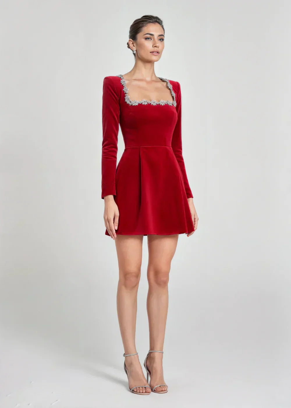 Women's Long Sleeve Velvet Mini Dress Square Neck Floral Details Flared Skirt – Evening and Party Wear