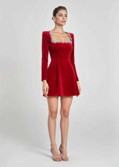 Women's Long Sleeve Velvet Mini Dress Square Neck Floral Details Flared Skirt – Evening and Party Wear