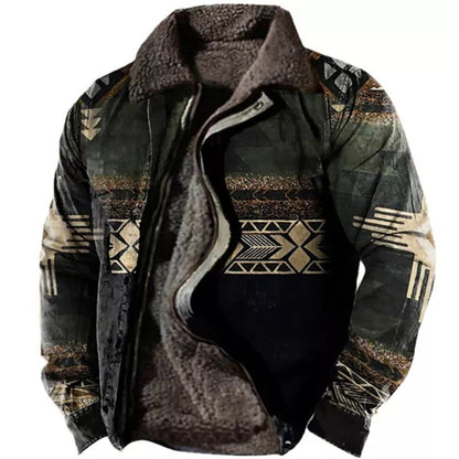 Herren Winterjacke mit Ethno-Muster, warm gefüttert, Reißverschluss, braun-schwarz, ideal für kalte Tage, modisch und funktional.