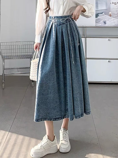Damen-Midirock mit hohem Bund und Falten in A-Linie – Eleganter Stil