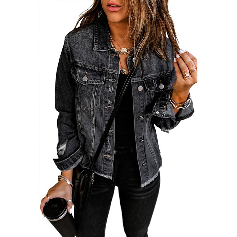 Women's autumn jacket in denim blend with button placket and long sleeves