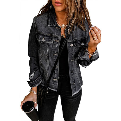 Women's autumn jacket in denim blend with button placket and long sleeves