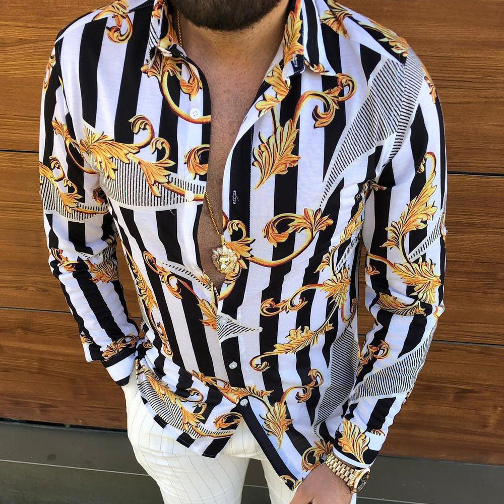 Slim-fit long-sleeve shirt for men with all-over pattern and turn-down collar