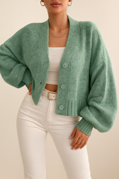 Damen Herbst Strick-Cardigan Kurz Geschnitten mit Puffärmeln und V-Ausschnitt