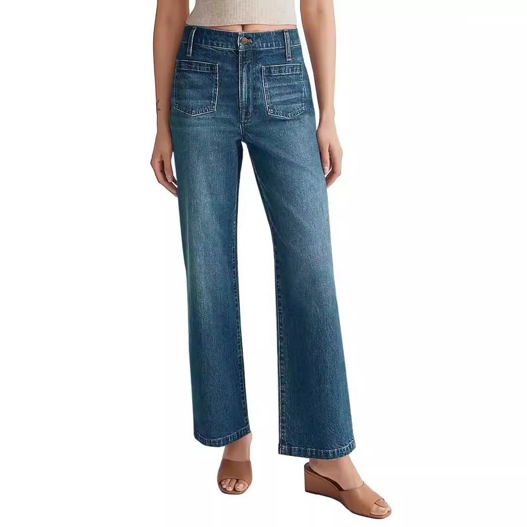 Damen Hochtaillen-Weitbein-Jeans mit Used-Effekten und eckigen Taschen