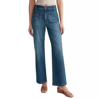 Damen Hochtaillen-Weitbein-Jeans mit Used-Effekten und eckigen Taschen