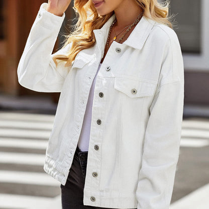 Damen Kurzjacke mit Schalkragen und Oversized-Passform – Denim-Mix Stil