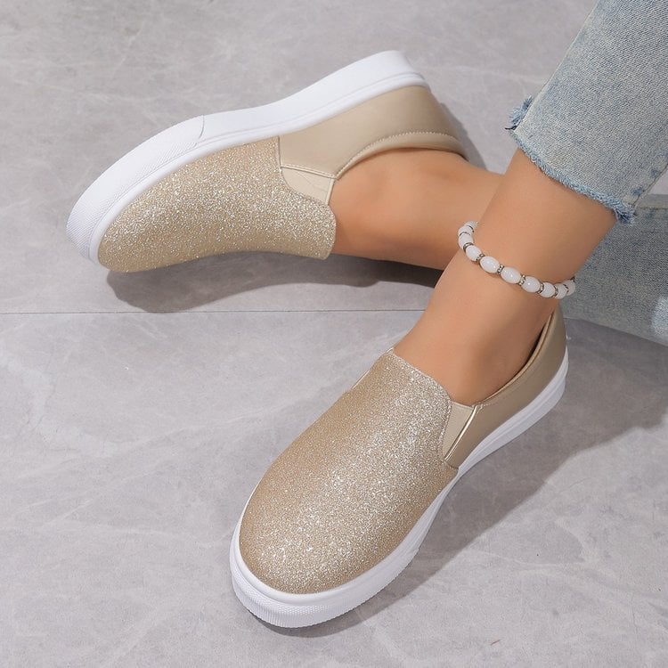 Women's slip-ons with round toe, sequins, elastic band, and flat rubber sole