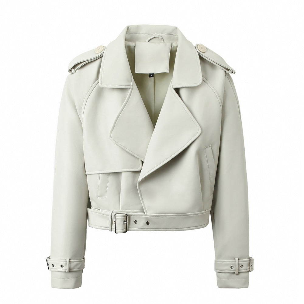 Damen-Jacke mit Gürtel und langen Ärmeln – Leder-Look Stil