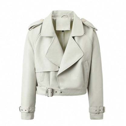 Damen-Jacke mit Gürtel und langen Ärmeln – Leder-Look Stil