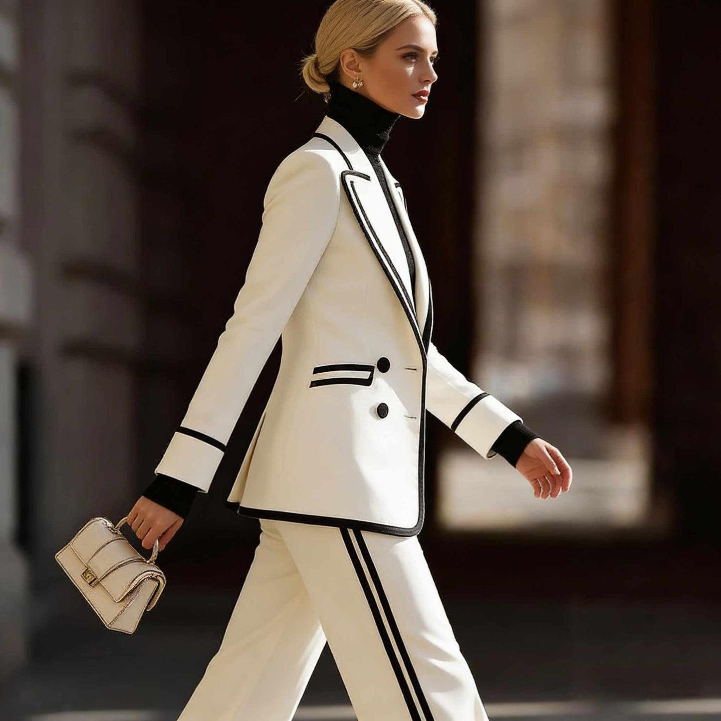 Damen-Set: Langärmliger, Zweireihiger Blazer Und Lange Hose – Farbblock-Design