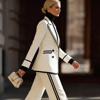 Damen-Set: Langärmliger, Zweireihiger Blazer Und Lange Hose – Farbblock-Design
