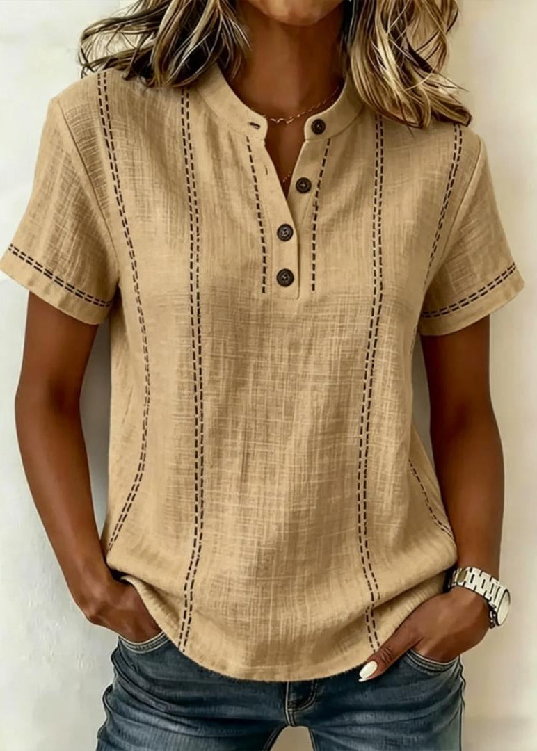 Gestreifte Damenbluse Mit Kurzen Ärmeln, Stehkragen, V-Ausschnitt Und Knopfleiste – Patchwork-Design