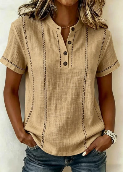 Gestreifte Damenbluse Mit Kurzen Ärmeln, Stehkragen, V-Ausschnitt Und Knopfleiste – Patchwork-Design
