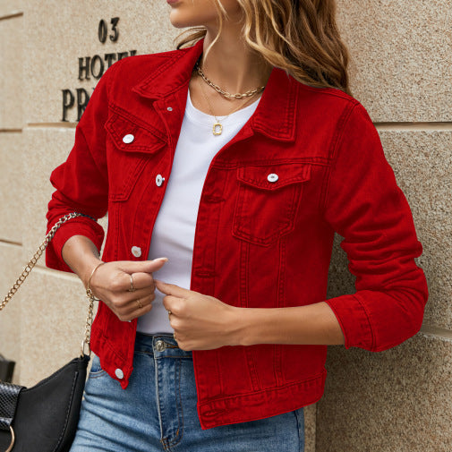 Damen-Denimjacke mit Reverskragen und Knopfverschluss – Langarm-Design