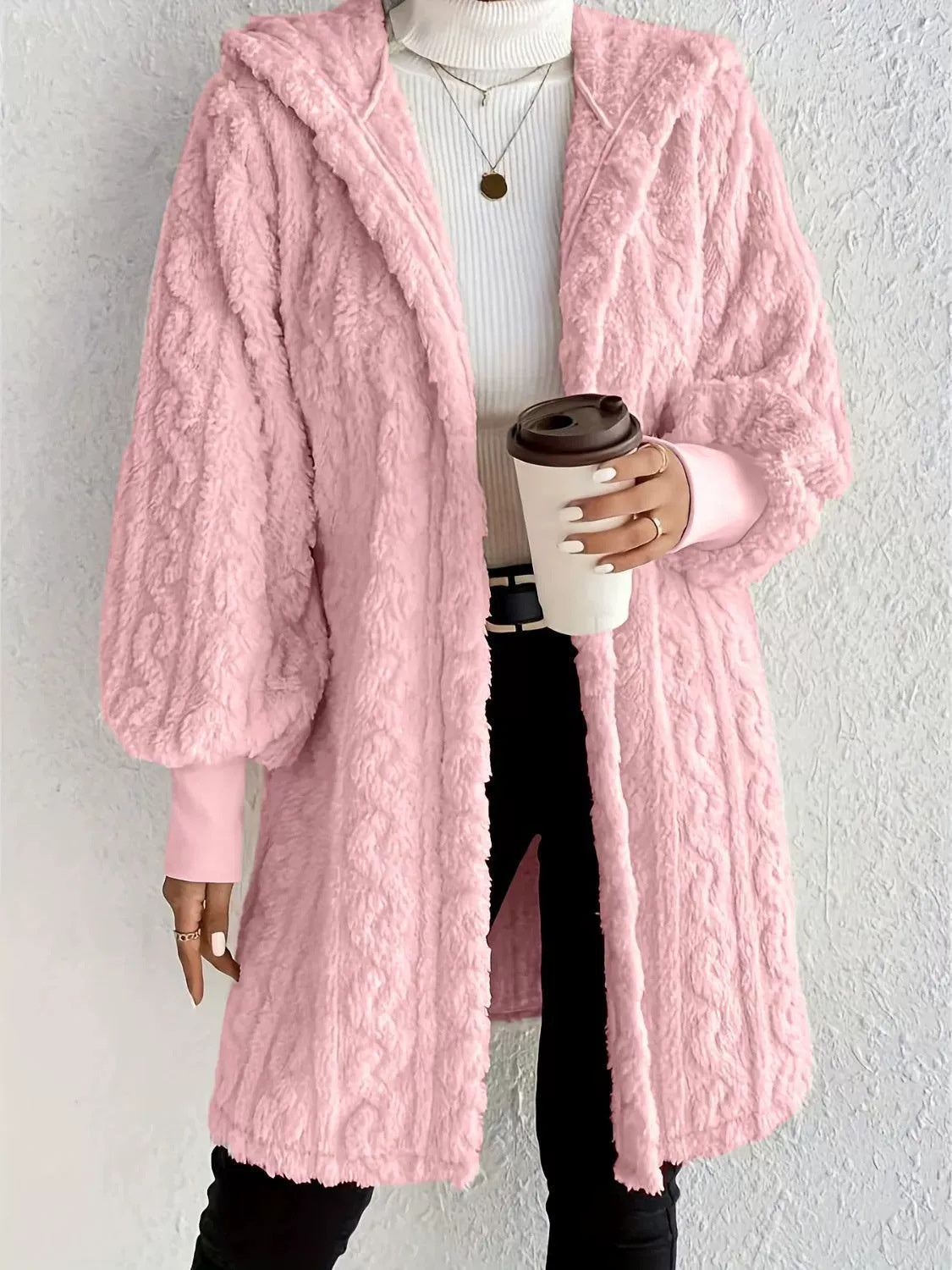 Women's Long Hooded Coat with Plush and Ribbed Cuffs – Comfortable Style