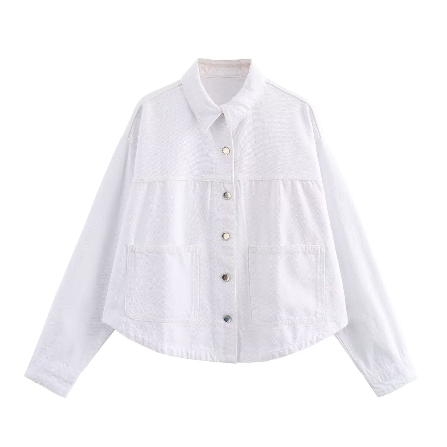 Women's denim-mix shirt jacket with button placket and contrasting design