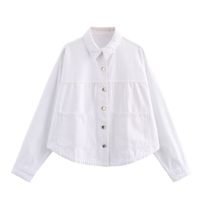 Women's denim-mix shirt jacket with button placket and contrasting design