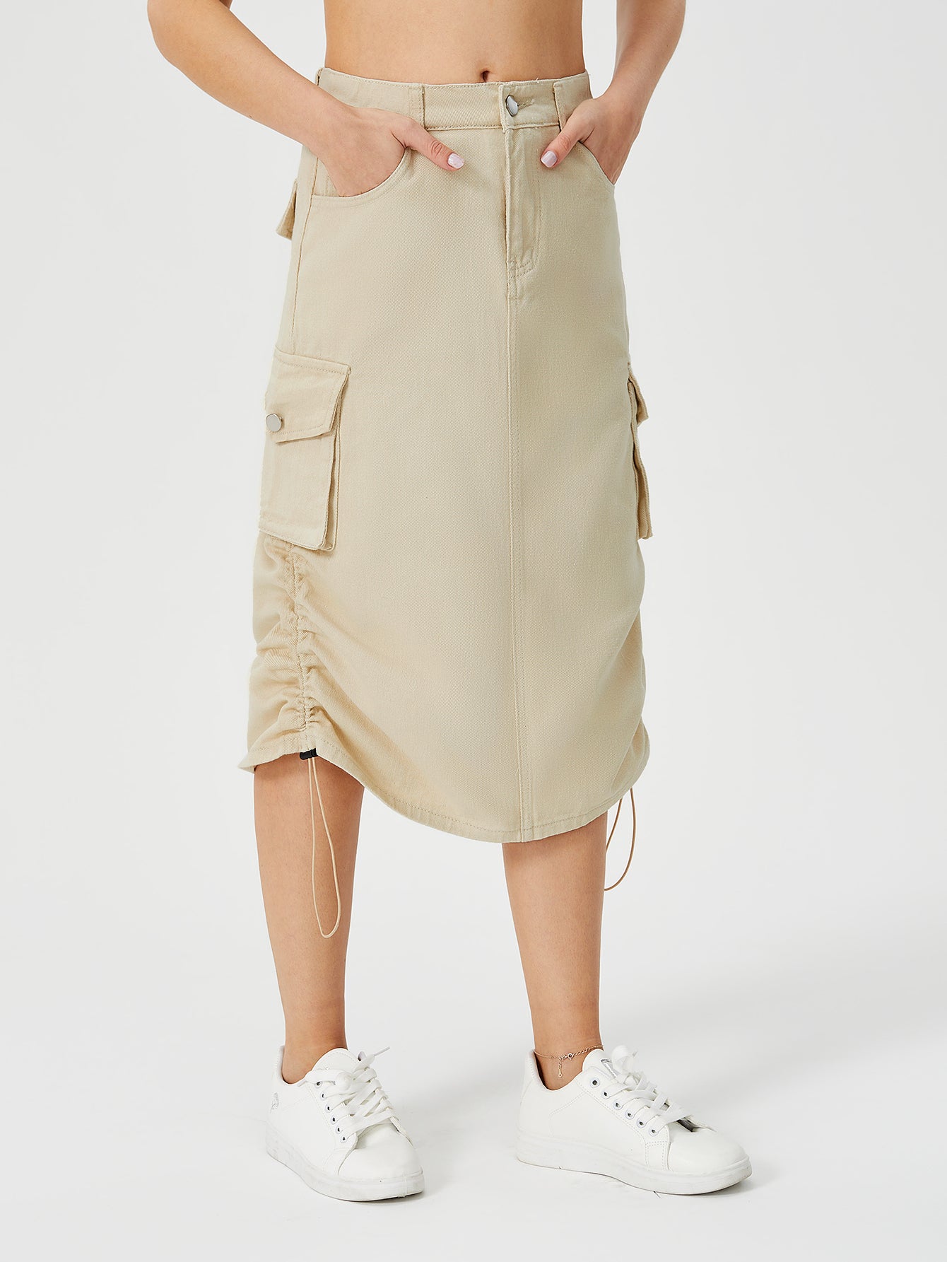 Damen Cargo-Midirock mit hohem Bund, Frontschlitz und mehreren Taschen