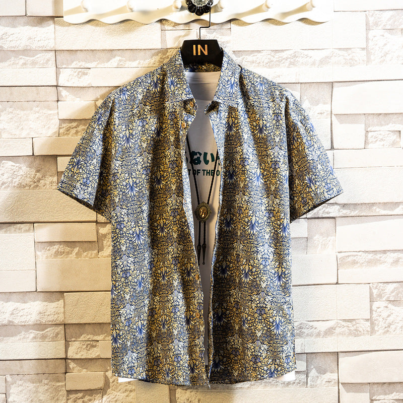 Herren Sommerhemd Mit Blumenmuster, Kurzarm, Reverskragen, Schmaler Passform, Cardigan-Stil, Mehrfarbig
