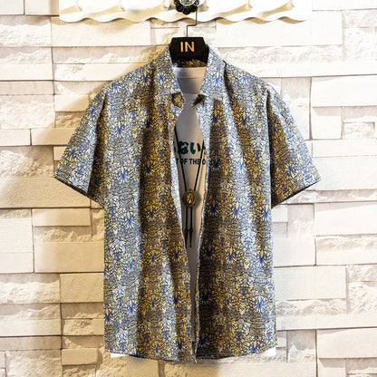Herren Sommerhemd Mit Blumenmuster, Kurzarm, Reverskragen, Schmaler Passform, Cardigan-Stil, Mehrfarbig