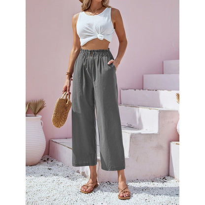 Damen-Freizeithose Mit Hohem Bund, Gerader Schnitt – Baumwoll-Leinen-Mischung