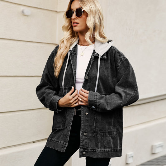 Damen Frühlingsjacke aus Denim-Mix mit abnehmbarer Kapuze und lockerem Schnitt