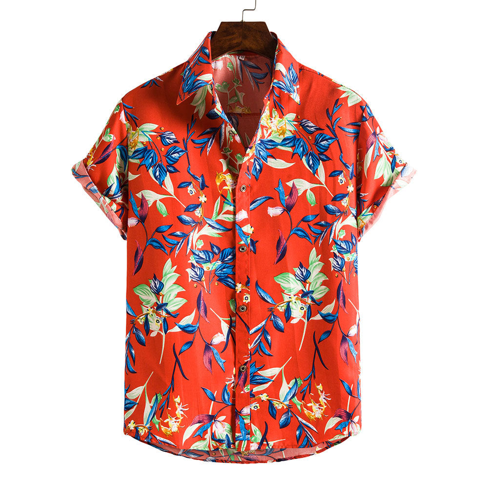 Herren Sommerhemd Mit Blumenmuster, Kurzarm, Reverskragen, Slim Fit, Urlaubs-Top