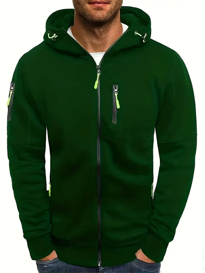 Grüne Herren-Kapuzenjacke mit Reißverschlüssen, sportlich, lässig, ideal für Outdoor-Aktivitäten, modisch und bequem.