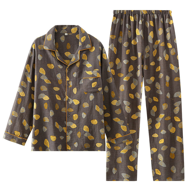 Men's Pajama Set, Two-Piece, Suitable for All Seasons, Long Sleeves, Pants, Yarn-Dyed Jacquard Gauze, Double-Layered, Sheer, Matching Outfit, Lightweight