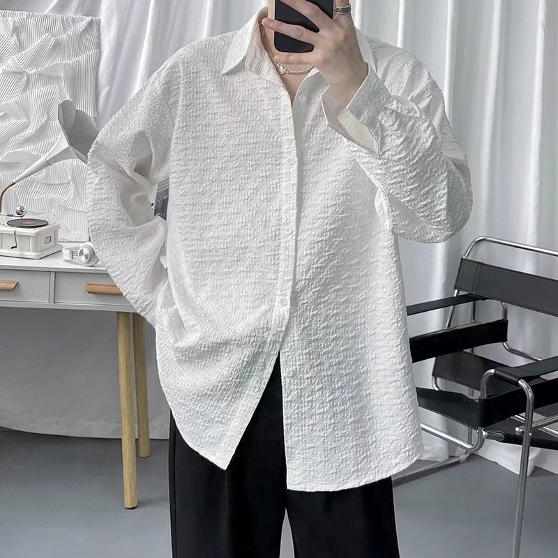 Herren Frühling Herbst Geprägtes Einfarbiges Jacquard-Strickjackenhemd Mit Langen Ärmeln Und Lockerer Passform