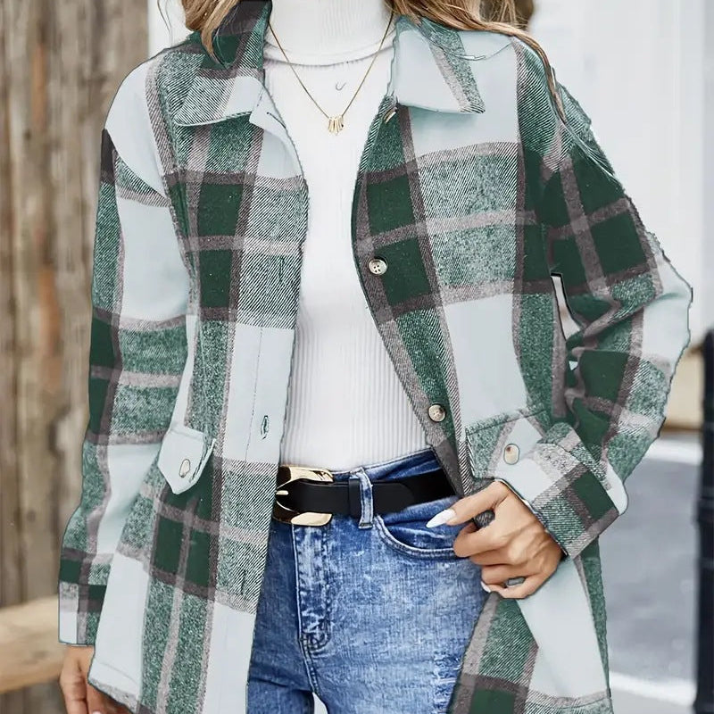 Women's Checked Long-Sleeve Shirt with Button Placket and Regular Length