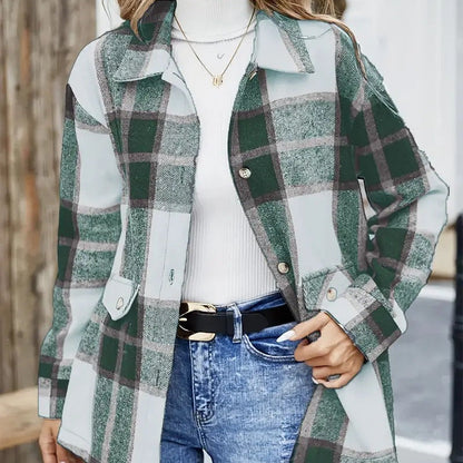 Women's Checked Long-Sleeve Shirt with Button Placket and Regular Length