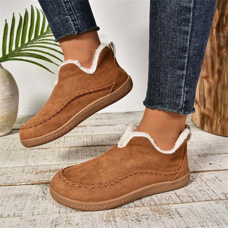 Damen Winter Stiefeletten mit V Ausschnitt und flacher Sohle – Leder Look